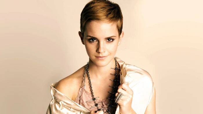 women's white scoop neck top Emma Watson actress short hair