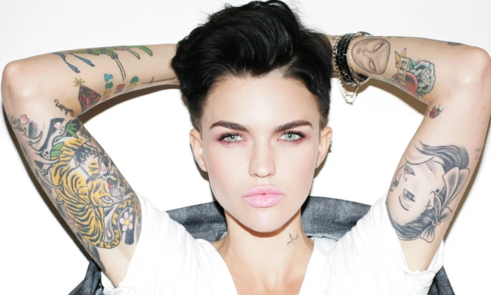 women's white shirt Ruby Rose actress tattoo arms up short hair 2k