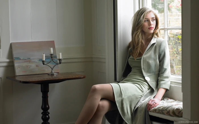 women's gray dress with bolero actress Hermione Corfield blonde 92 2k