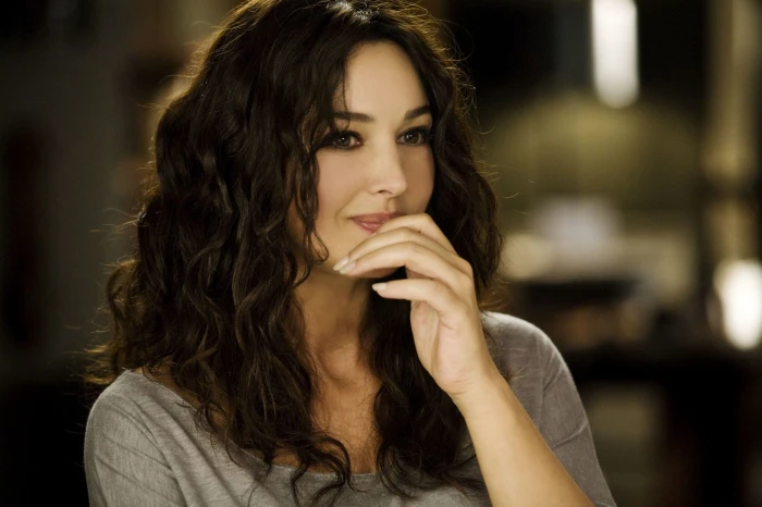 women's gray scoop neck top actress brunette Monica Bellucci