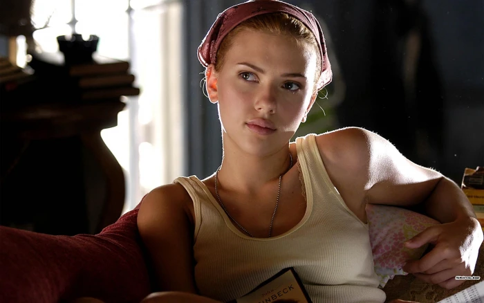 women's white tank top Scarlett Johansson actress portrait