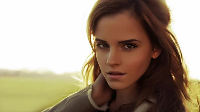 women's gray top Emma Watson looking at viewer actress portrait