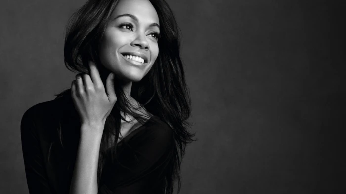 Zoe Saldana women actress brunette simple background smiling
