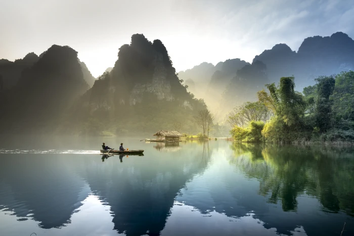 2 People On The Boat fog foggy lake landscape mountain nature 2k 4k 5k 8k
