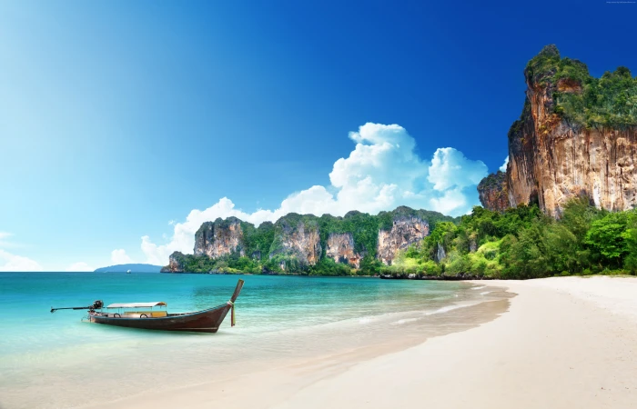boat Thailand tourism shore rocks travel beach 2k 4k 5k