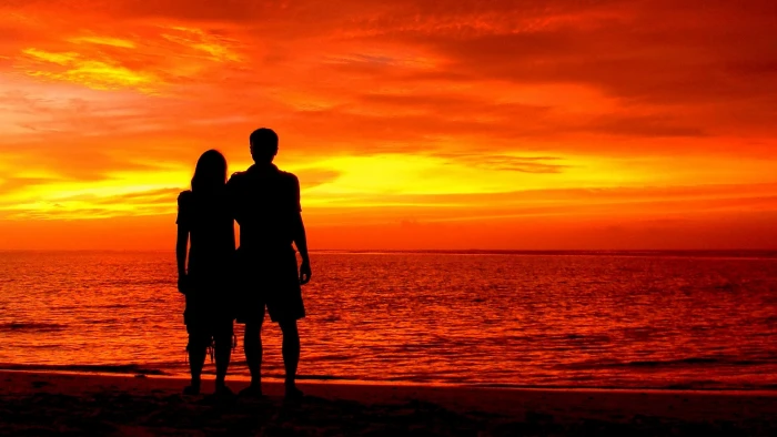 Beach Silhouette Sunset Romantic Couple 2k 4k