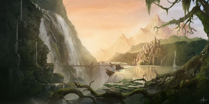 forest city matte painting village river art 2k 4k 5k 8k