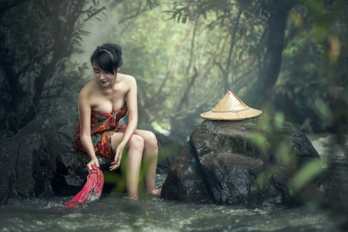 Beautiful Asian woman one person tree water shirtless 2k 4k 5k