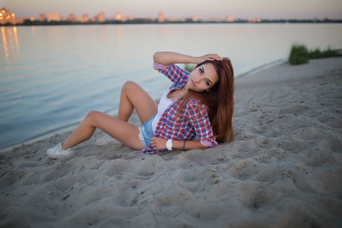 px women model looking at viewer brunette plaid shirt 2k
