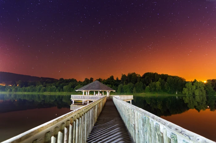 lake Night stars pier sky 2k 4k 5k