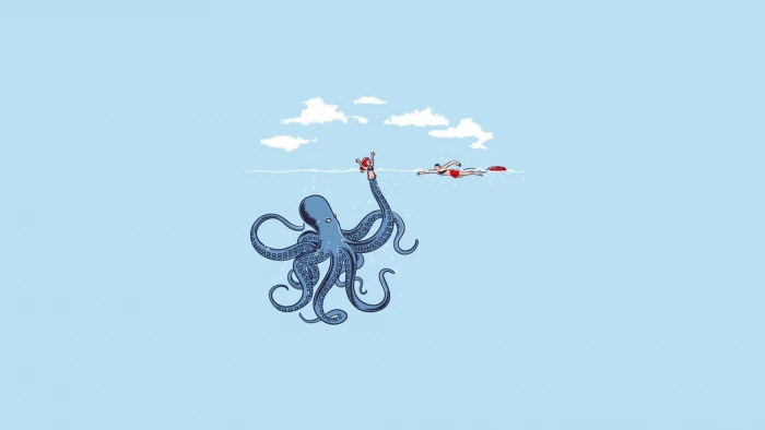 blue octopus in mid air illustration humor minimalism simple 2k