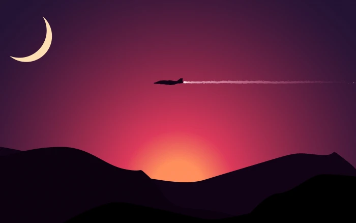 black plane illustration airplane above mountains with sunset under crescent moon 2k