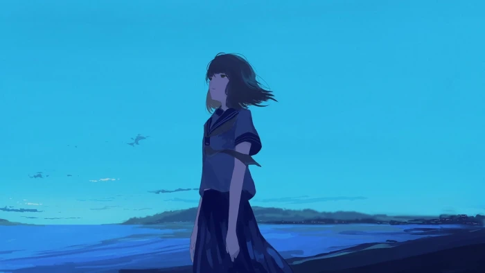 anime character standing near beach illustration manga girls 2k