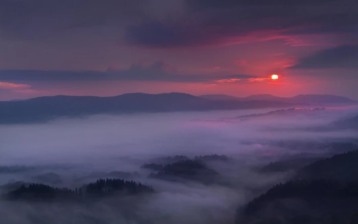 mountains and fog nature landscape purple sky mist sunset 2k