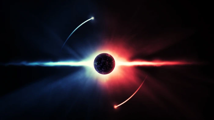 planet on red and blue background wallpaper shallow focus of moon 2k