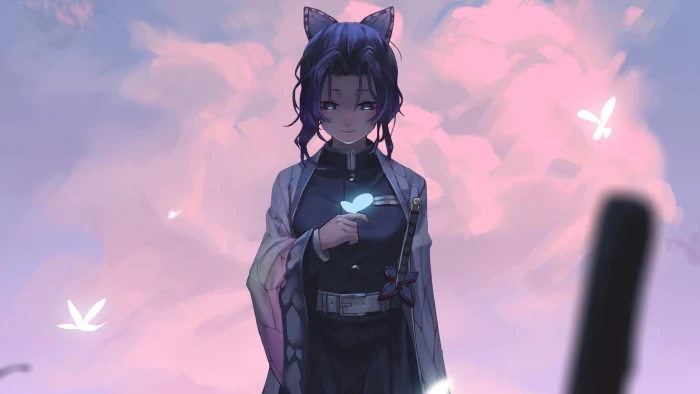 anime girls butterfly simple background sword gray eyes 2k