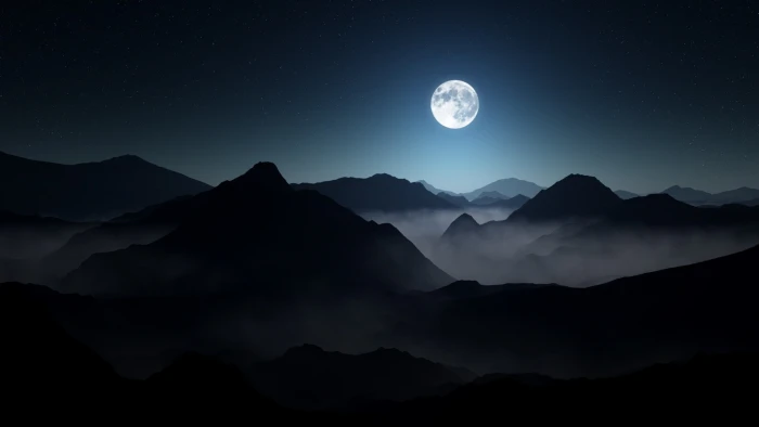 Dark landscape mist Moon moonlight mountain nature Starry Night 2k