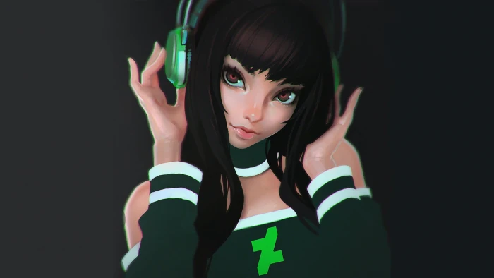 female character with green headphones illustration digital art 2k