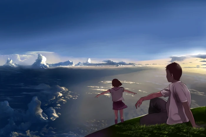 landscape nature sky clouds hill grass anime digital art