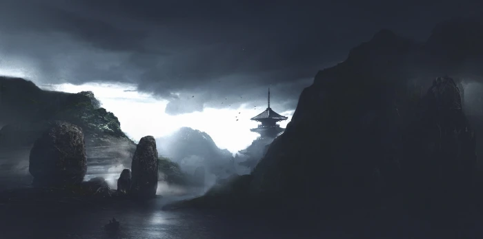 nature Japan dark atmosphere pagoda fog rock object 2k