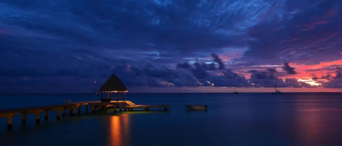 nature tropical dock beach island sunset sea clouds 2k