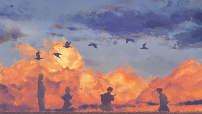 people and birds silhouette illustration Gintama Takasugi Shinsuke 2k