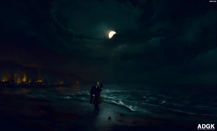person walking on seashore digital wallpaper night beach water 2k