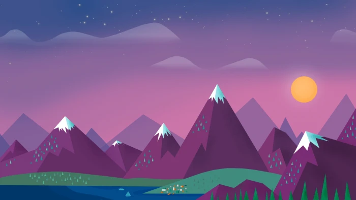 purple mountain illustration minimalism sky clouds sun mountains 2k