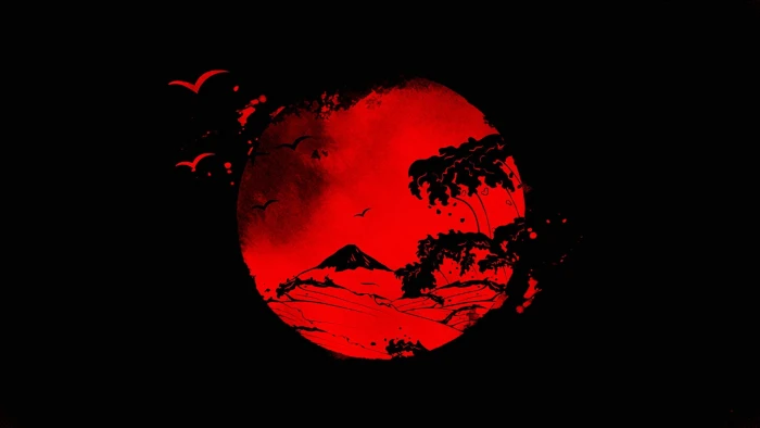 red moon illustration Japanese Sun drawing fallen angel space 2k