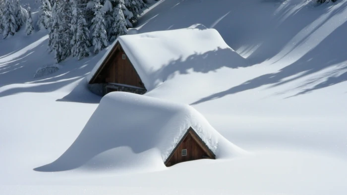 snow covered houses under sunny sky nature landscape architecture 2k