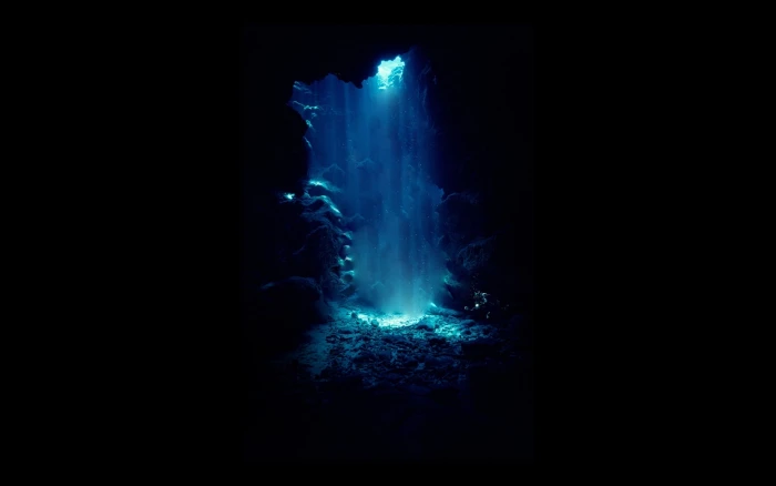 Underwater Cave Diver Blue Black Sunlight HD nature 2k