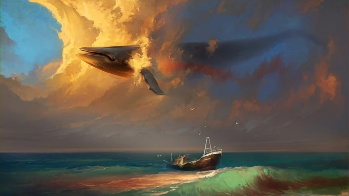 white and brown boat painting sea whale flying seagulls fantasy art
