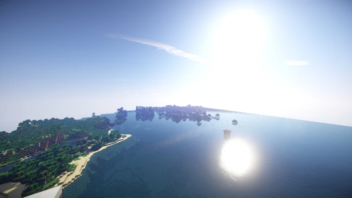 aerial view of beach Minecraft lava water Sun sea mountains 2k