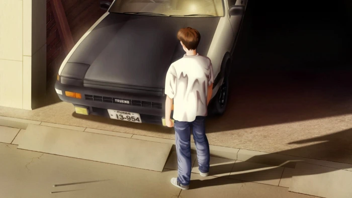 animated male character standing near car anime Initial D Toyota Corolla 2k