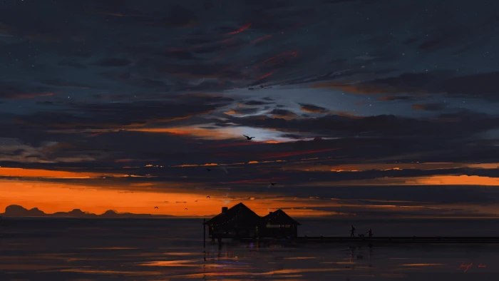 BisBiswas sunset beach clouds birds bridge artwork 2k