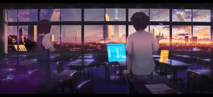 black haired male anime character two characters facing window during daytime 2k