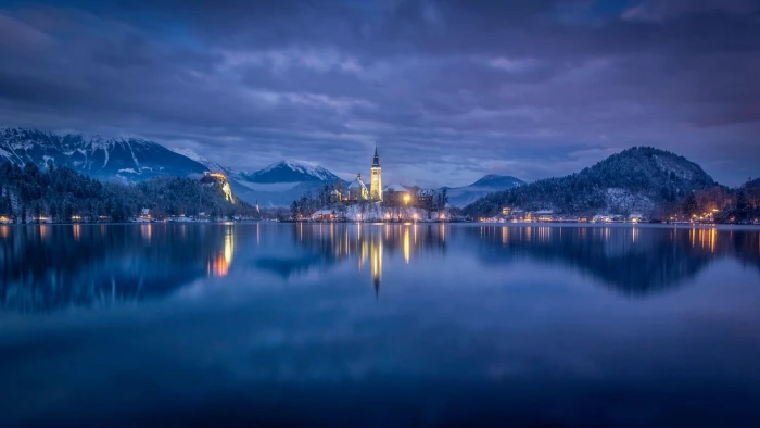 castle village evening dusk mountains mountain range alps 2k