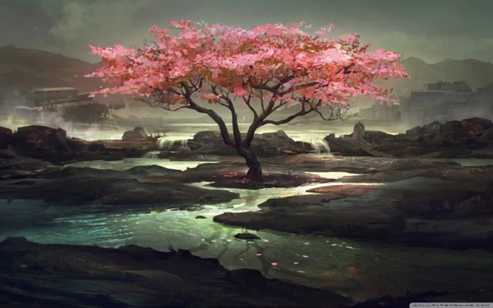 cherry blossom tree digital wallpaper fantasy art stream plant
