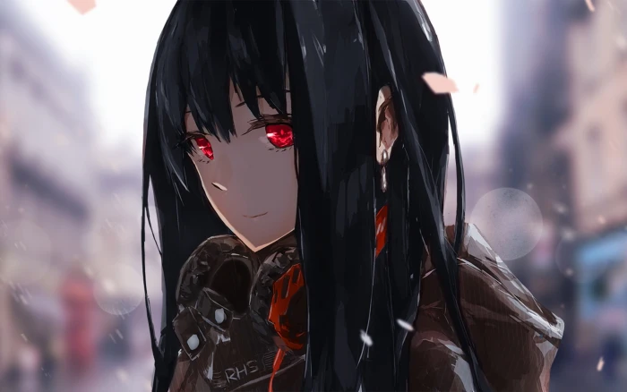 black haired female anime character art headphones red eyes 2k