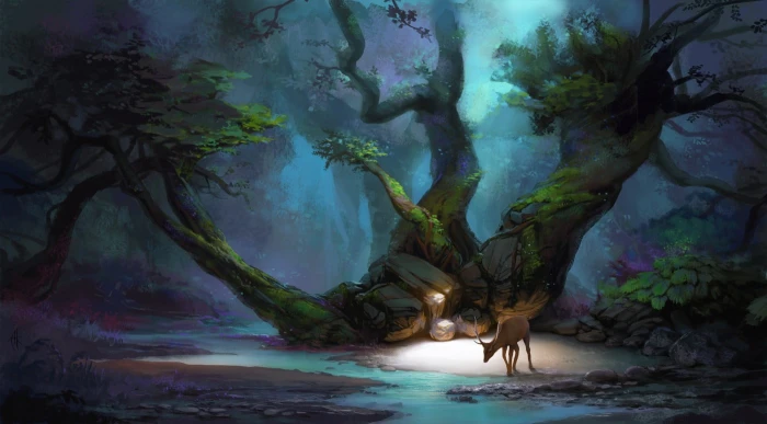 green leafed tree illustration deer in front of graphic art
