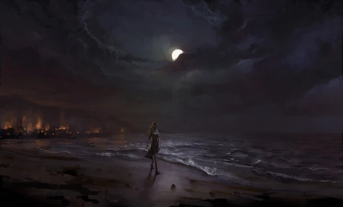fantasy girl dark beach artwork sea fire night 2k