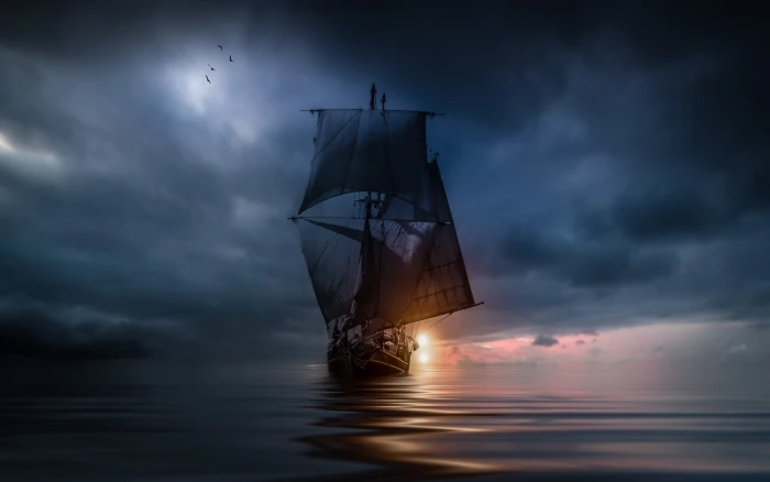 Landscape Nature Sea Clouds Sunset Sailing Ship Storm Water Bird Flying 2k
