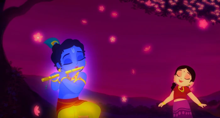 Lord Krishna Playing Flute With Radh and Radha illustration 2k