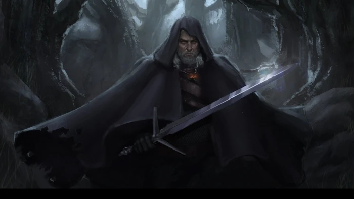 man wearing cloak holding sword digital wallpaper art game 2k