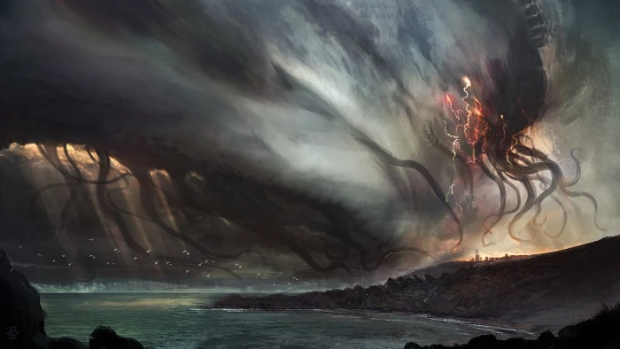 monster attacking city digital wallpaper art painting 2k