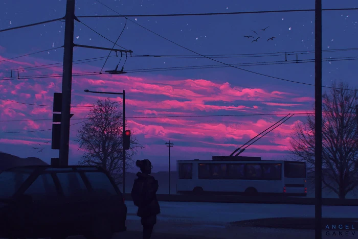 orange sky digital art landscape city car sunset illustration