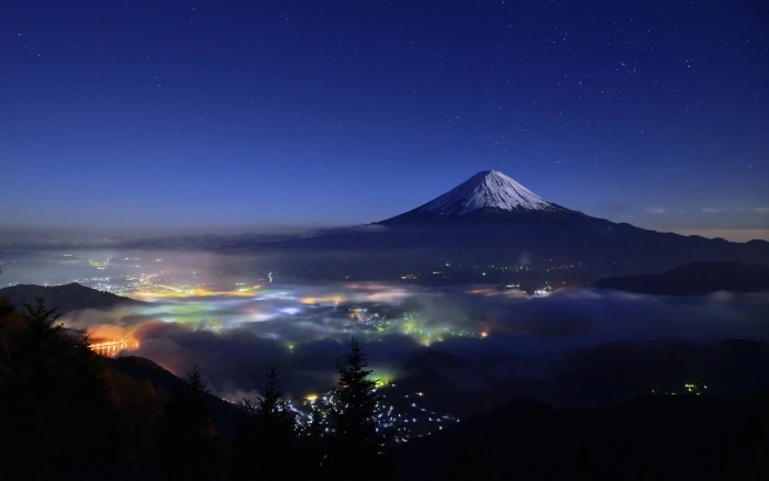 Mt Fuji silhouette of volcano nature landscape starry night 2k