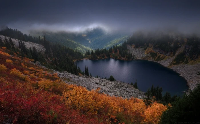 scenery of landscape aerial view lake surrounded by trees under dark clouds
