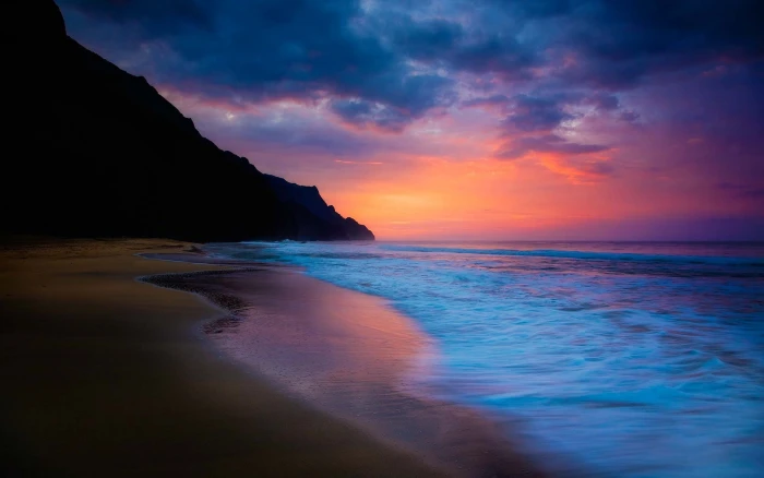 Sea beach sunset purple and blue sky clouds coast 2k