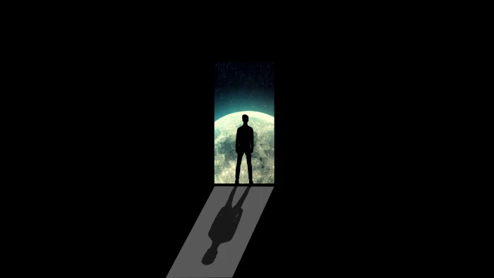 silhouette of man digital wallpaper moon alone door path 2k 4k